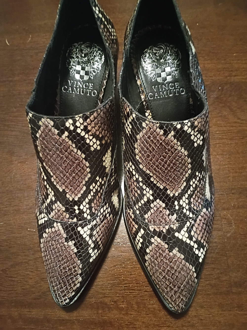 Vince Camuto Brown and Black Snake-Print Pointed Slip-On Ankle Boots Size 6.5
